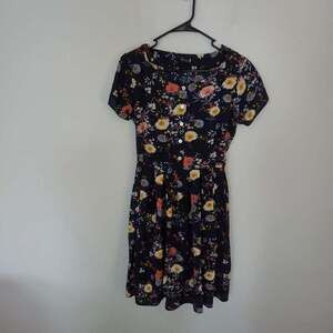 Dress4you Navy Blue Floral Short Sleeve Button Front Fit and Flare Dress